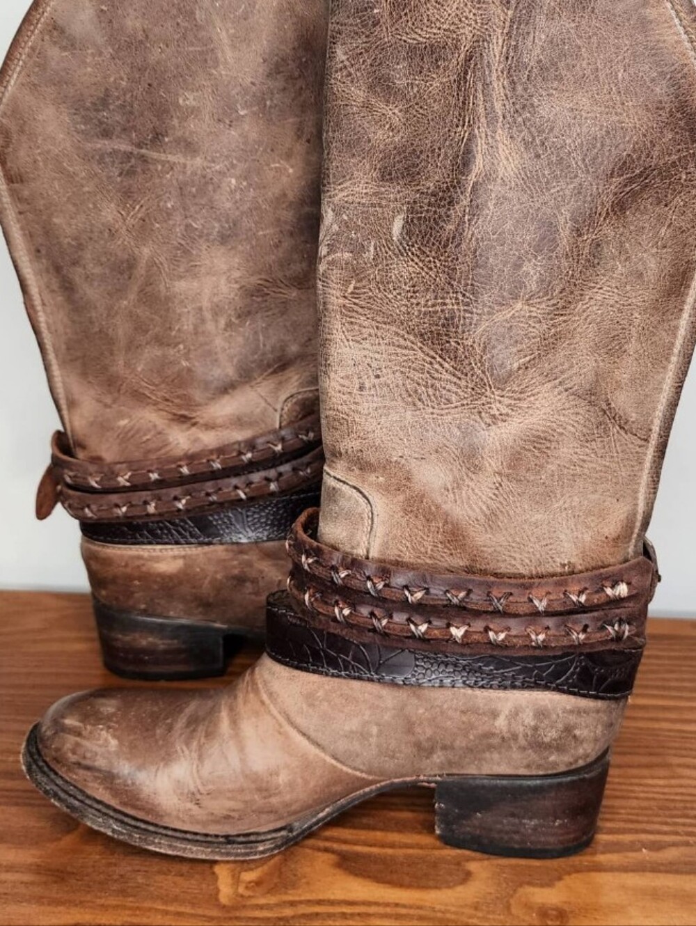 Freebird Brown Distressed Leather Mid-Calf Wrap Strap Boots Woman's